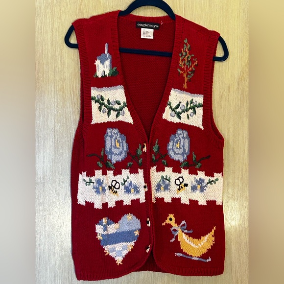 Eagles Eye Sweaters - Eagle’s Eye Vintage Red Knitted Floral Bumblebee Cottagecore Vest, Sleeveless